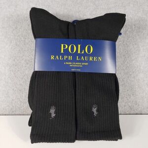 Polo Ralph Lauren Mens 6 Pack Crew Socks Black Classic Sport Cushioned 10-13 NWT